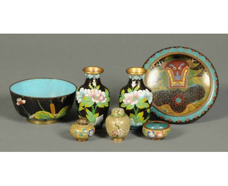 A collection of seven small Japanese Cloisonne items, comprising pair of vases, height 4.25 ins, dragon bowl, diameter 5.5 in
