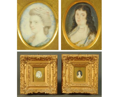 Two portrait miniatures, lady, watercolour on ivory, square, and gentleman, watercolour on ivory, oval.  