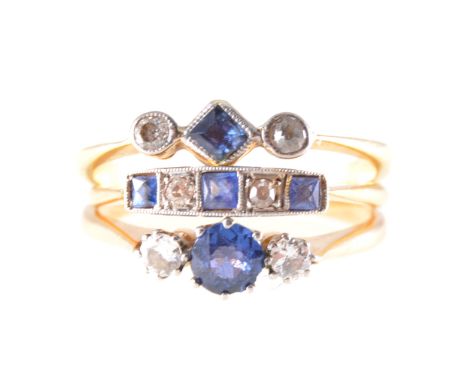 Three diamond set rings, a square cut sapphire set on the diagonal with a small old cut diamond to each side, milgrain set in