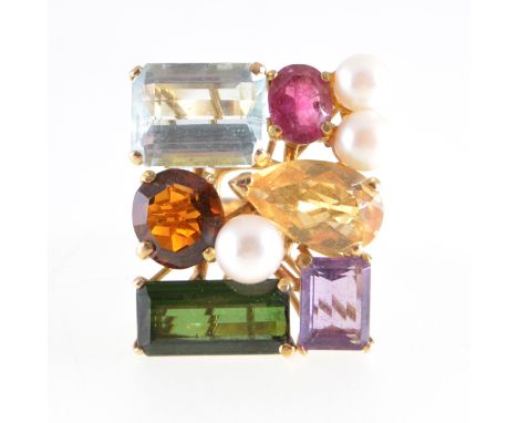 A multi-stone dress ring, a large rectangular cluster 25mm x 20mm, peg set with three 5mm cultured pearls, amethyst, citrine,