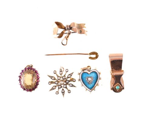 Six Victorian and later pieces of jewellery, a 15 carat rose gold napkin clip set with a turquoise, hallmarked Birmingham 190