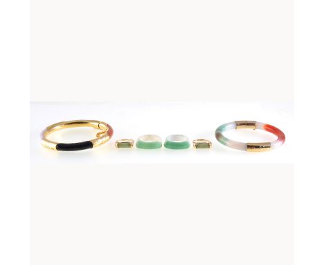 Two multi coloured jade type bangles, having gold-plated hinges and clasps, two jade type rings size R, two yellow metal ring