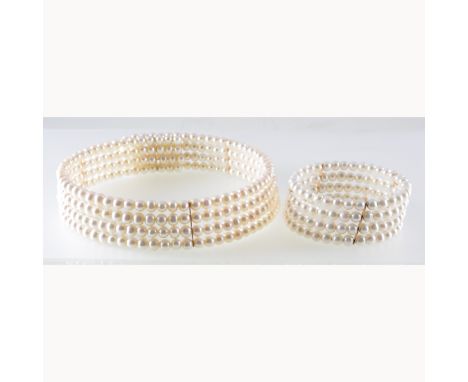 A cultured pearl collar and matching bangle, four rows of 5 mm cultured pearls to both, overall width 20mm, 