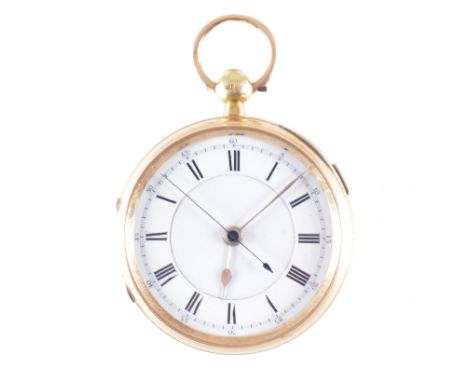 An 18 carat yellow gold open face pocket watch, the white enamel dial having a slightly raised Roman numeral chapter ring, ou