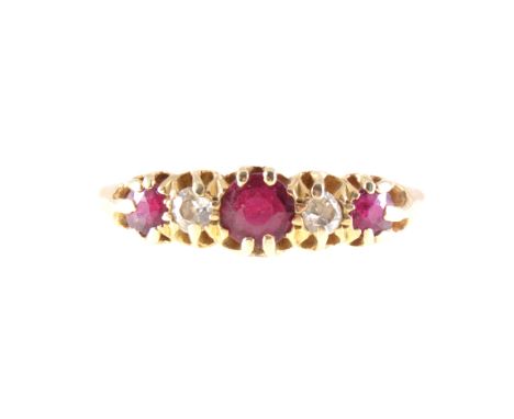 A ruby and diamond half hoop ring, three rubies and two diamonds claw set in a 18 carat all yellow gold half hoop mount, 1.8m