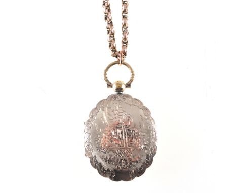 A yellow metal locket and chain, the oval back and front locket 38cm x 34cm, engraved with a floral basket to one side and fl
