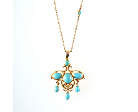 A yellow metal guard chain with pendant, the trace link guard chain spaced by twelve 3.8mm collet set turquoise, overall leng