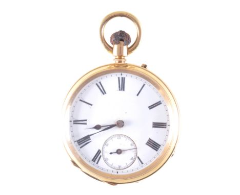 A yellow metal open face pocket watch, the white enamel dial having a Roman numeral chapter ring and subsidiary seconds dial 