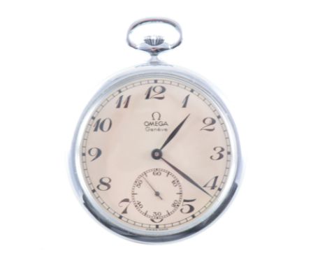 Omega - A chrome plated open face pocket watch, the cream dial named "Omega Geneve" having an arabic numeral chapter ring and