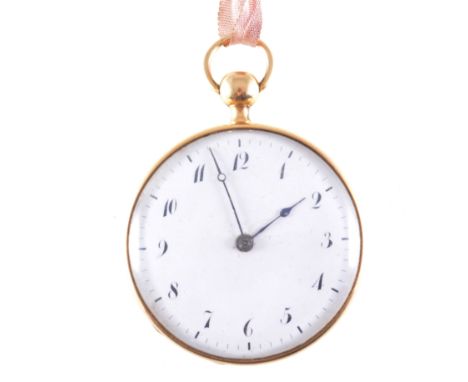 A yellow metal open face repeating pocket watch, the white enamel dial having an arabic numeral chapter ring in an engine tur