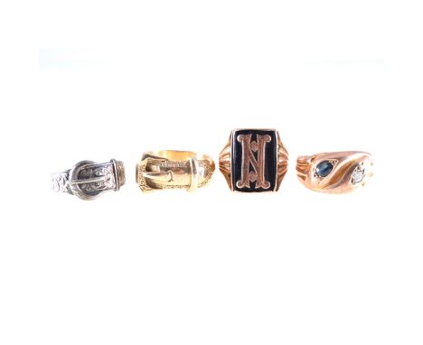 Three 9 carat yellow gold rings for gentlemen, a 7.8mm wide D shape buckle ring, size S, a signet ring set with a black onyx 