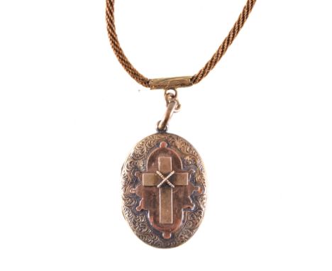 A collection of Victorian and later jewellery, an oval locket with raised cross on a hair cord necklace, a 3mm bar set with a