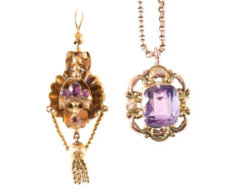 Three pendants, a cushion shaped amethyst in a rose metal mount with "9ct" pad stamp on a double ring belcher link chain 40cm