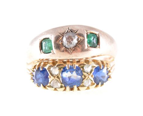 Two vintage gem set rings, an old cut diamond and two emeralds gypsy set in an all yellow metal band tapering from 3mm at sha