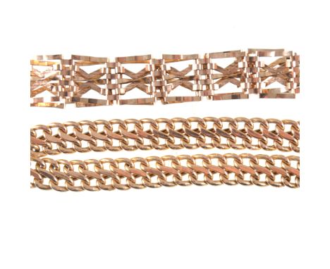 Two hallmarked 9 carat yellow gold bracelets, a four bar 12mm wide gate link with padlock fastener and a 7mm wide two row cur