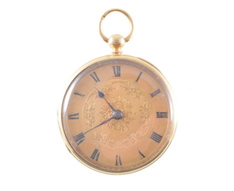 An 18 carat yellow gold open face fob watch, the gold coloured dial having a Roman numeral chapter ring around fine floral an