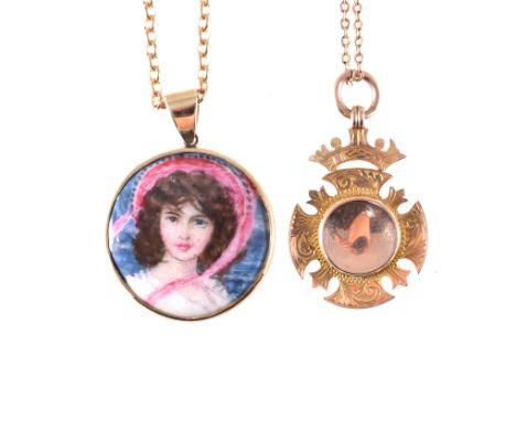 Four yellow metal chain necklaces, one having a 9 carat rose gold medallion attached "Leicester & District  Eisteddfod 1910",