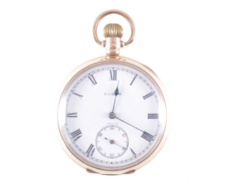 A 9 carat yellow gold open face pocket watch, the white enamel dial named "Elgin", having a Roman numeral chapter ring and su