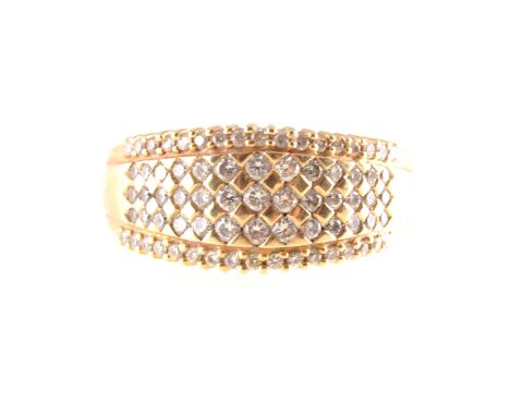 A diamond set dress ring, seventy-three brilliant cut diamonds pave set in five rows to an all yellow gold half hoop mount, 2