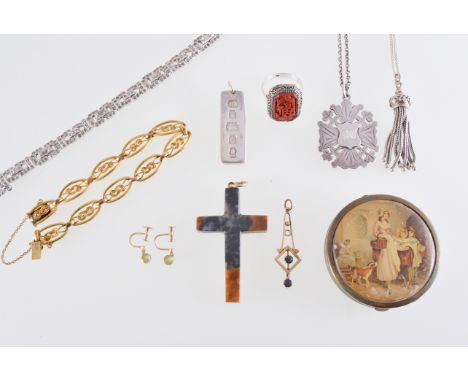 A collection of vintage silver and costume jewellery, a Silver Jubilee half ounce silver ingot, a gold-plated bracelet, a mar