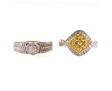 Two diamond set dress rings, both pave set with multiple small brilliant cut diamonds, one with fancy green coloured diamonds