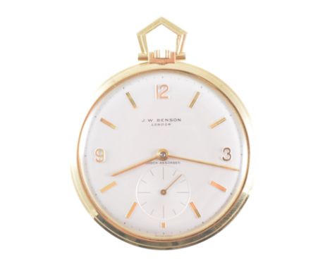 An 18 carat yellow gold open face slim dress pocket watch, the cream enamel dial named "J W Benson London Shock Absorber", ha