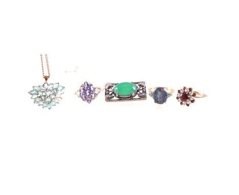 A collection of modern jewellery, a green stone brooch, a garnet and cultured pearl cluster ring, an opal triplet dress ring,