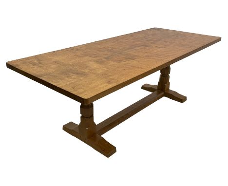 Mouseman - oak 7' refectory dining table, rectangular adzed and pegged top, two octagonal pillar supports on sledge feet join