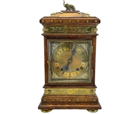 Winterhalder & Hoffmeier - German 8-day oak and brass cased mantle clock c1890, with glazed side panels and fretted brass ban