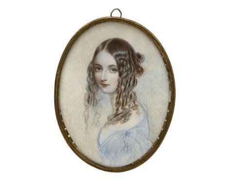 English School (19th century): Miniature portrait of a young lady, wearing a blue dress with ringlets in her hair, head & sho