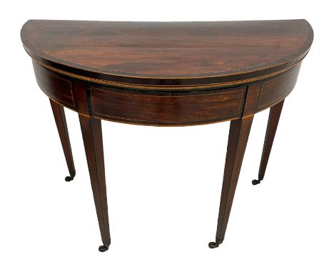 George III inlaid mahogany card table, demi-lune fold-over top with crossbanded edge and satinwood stringing, baize lined int