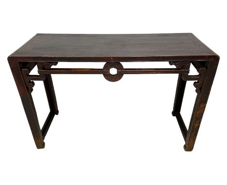 19th century Chinese lacquered hardwood altar table, rectangular top with moulded edge, the pierced and carved frieze decorat