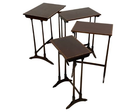 Edwardian Revival mahogany quartetto nest of four occasional tables, rectangular top with satinwood band, four turned pillar 