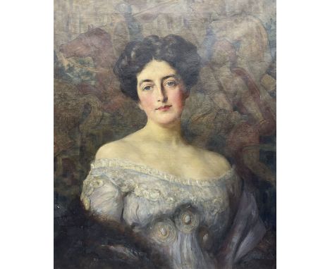 Clement B Flower (British Late 19th to Early 20th century): Portrait of an Edwardian Lady 'Miss Diane Jackson' with a Medieva