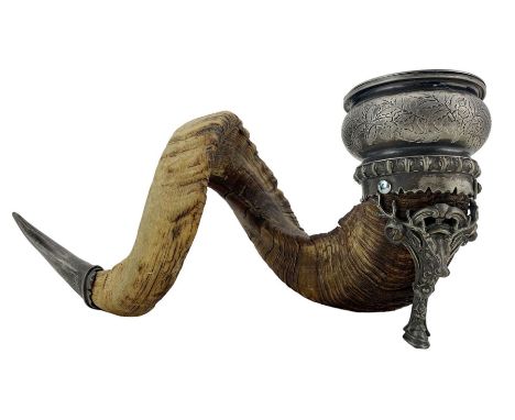 19th century Scottish rams horn snuff mull by Walker & Hall, with silver-plated hinged top engraved with thistles and foliage
