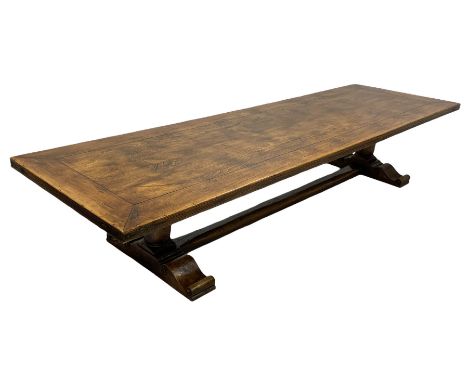 Large French cherry wood and elm 4m refectory dining table, rectangular boarded top with mitred corners, moulded edge with wr