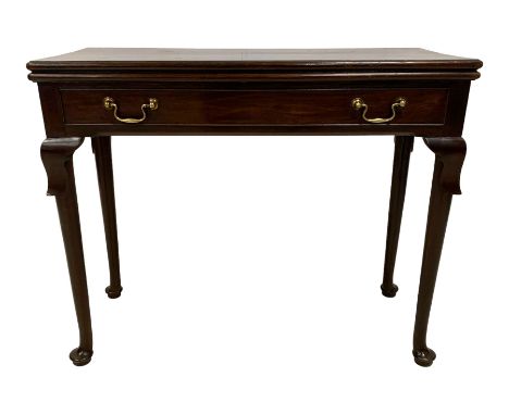 George III mahogany card table, moulded rectangular fold-over top revealing baize lined interior, single cocked-beaded frieze