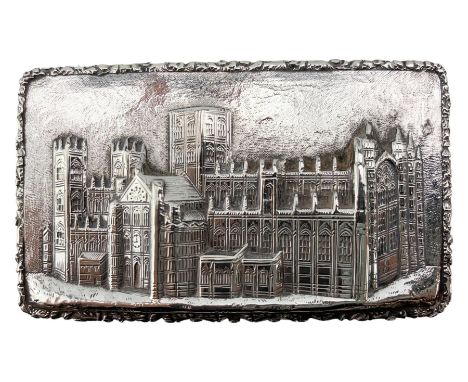 Early Victorian silver castle -top snuff box, rectangular form, the hinged cover with a raised view of York Minster, gilded i