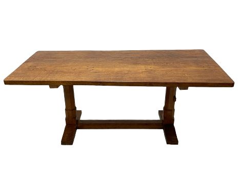 Rabbitman - oak dining table, rectangular adzed top, octagonal pillar supports on sledge feet united by floor stretcher, carv