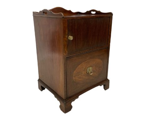 George III mahogany night cabinet with cellarette, shaped tray top with pierced handles, tambour roll cupboard over cellarett