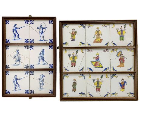 Set of nine 18th century English Delft tiles painted with Oriental figures with birds to the corners, each tile 15cm square, 