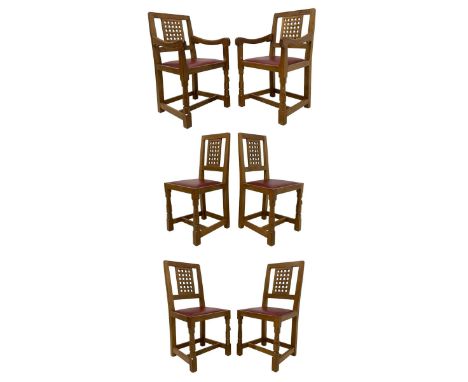 Mouseman - set of six (4+2) oak dining chairs, carved and pierced lattice back, oxblood leather upholstered seat with stud ba