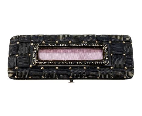 George III horn and rose gold pique work memorial toothpick box, of oblong form, the cover inset with a black enamel and vaca