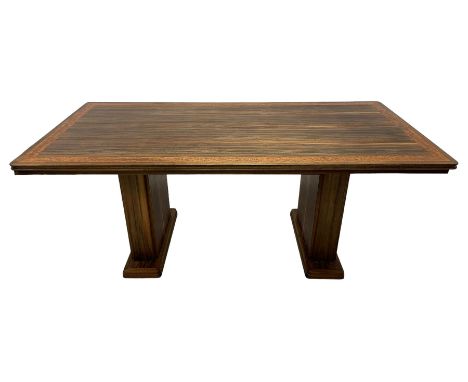 Art Deco period macassar ebony twin pedestal dining table, rectangular top with wide satinwood banding and moulded edge, rais