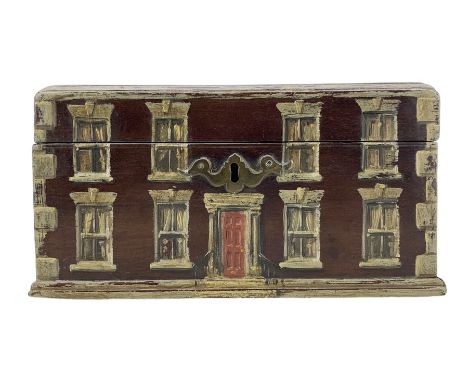 George III mahogany tea caddy, painted in the form of a Georgian house with a red door, and seven sash windows to the front a