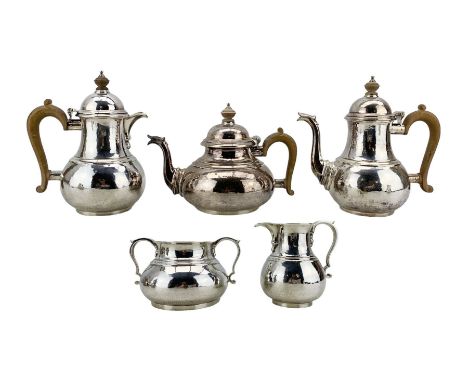 Queen Anne design five piece silver tea and coffee set of circular baluster form with domed covers and stained wood handles c