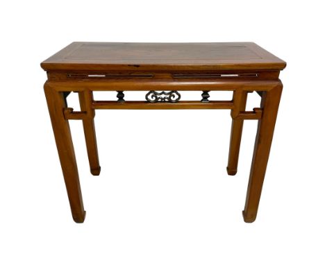 Chinese elm side table, rectangular top over geometric frieze rails, decorated with pierced scroll mounts, on square supports