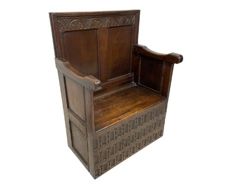 18th century and later hall bench or settle, lunette carved cresting rail over panelled back, shaped arms over panelled sides