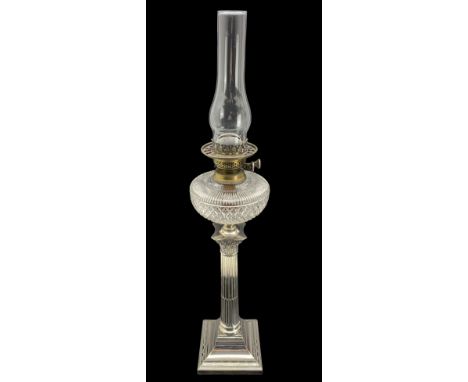 Edwardian Hawksworth, Eyre & Co silver-plated corinthian column oil lamp, with hobnail cut reservoir, slightly tapered stem a