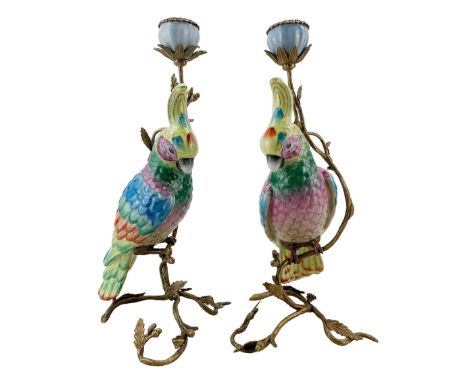 Pair of ceramic and bronzed metal candlesticks modelled as a Parrot perched upon a flowering branch, H33cm 